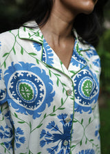 Women's premium cotton pajama set in Trellis Wheel print, luxury loungewear India