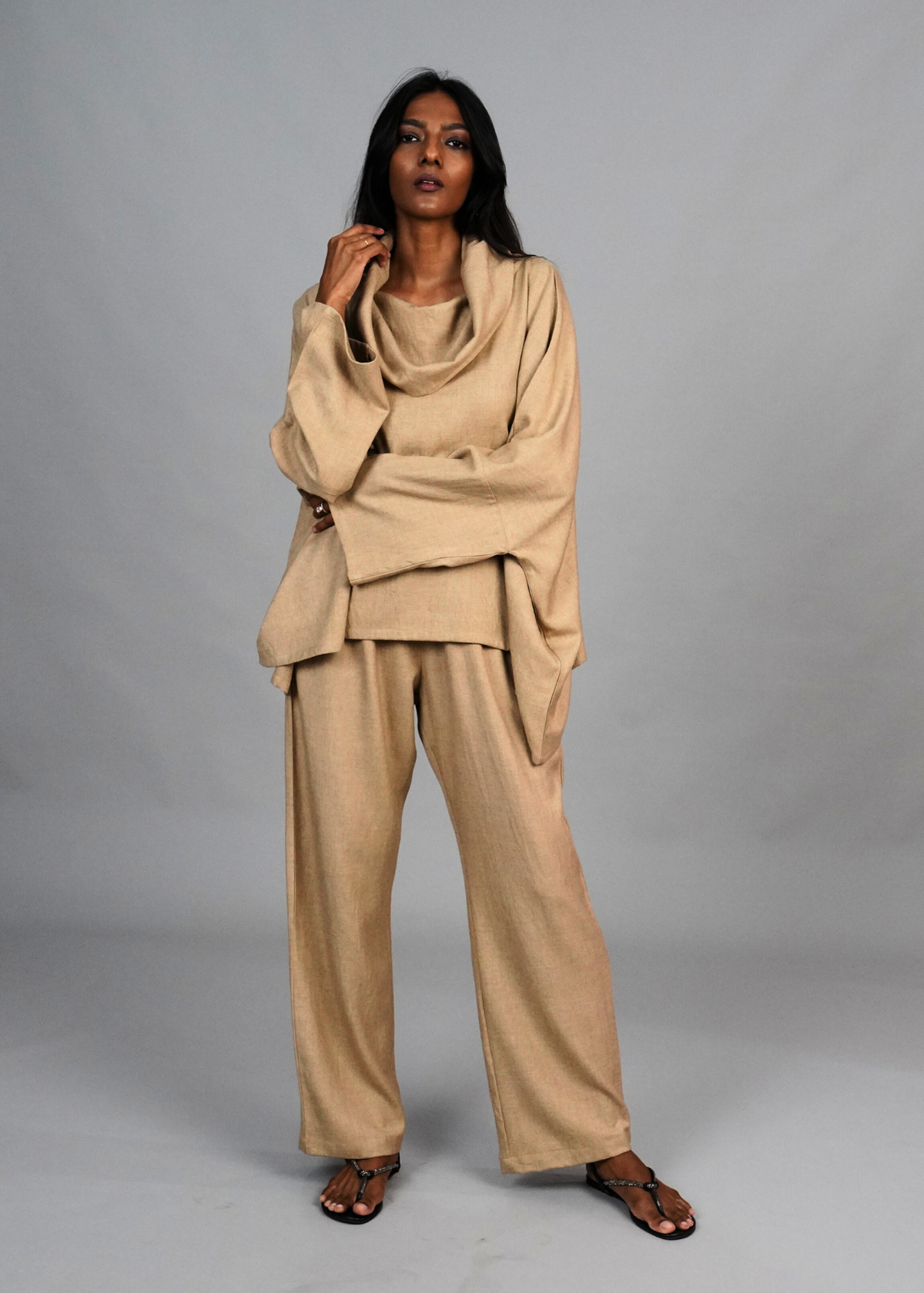 Funnel Neck Coord Set - Camel Wool