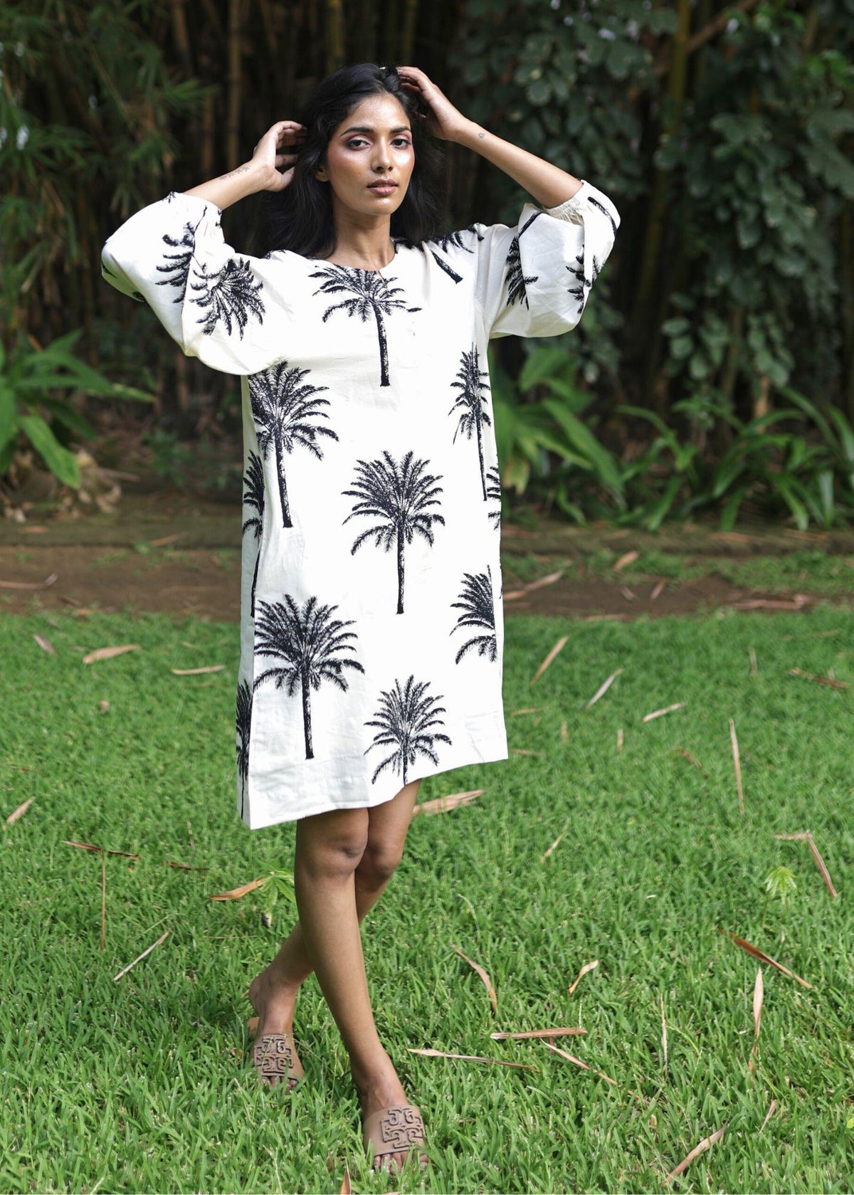 Balloon Sleeve Short Dress - White Palms