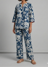 Blue toile de juoy tunic coord set in 100% cotton fabric. Luxuriously soft