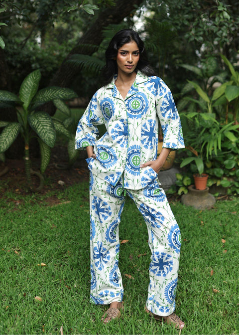 Women's premium cotton pajama set in Trellis Wheel print, luxury loungewear India