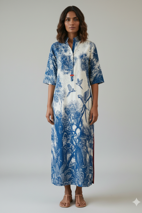 Nikki Lounge Dress - Blue Madras Toile