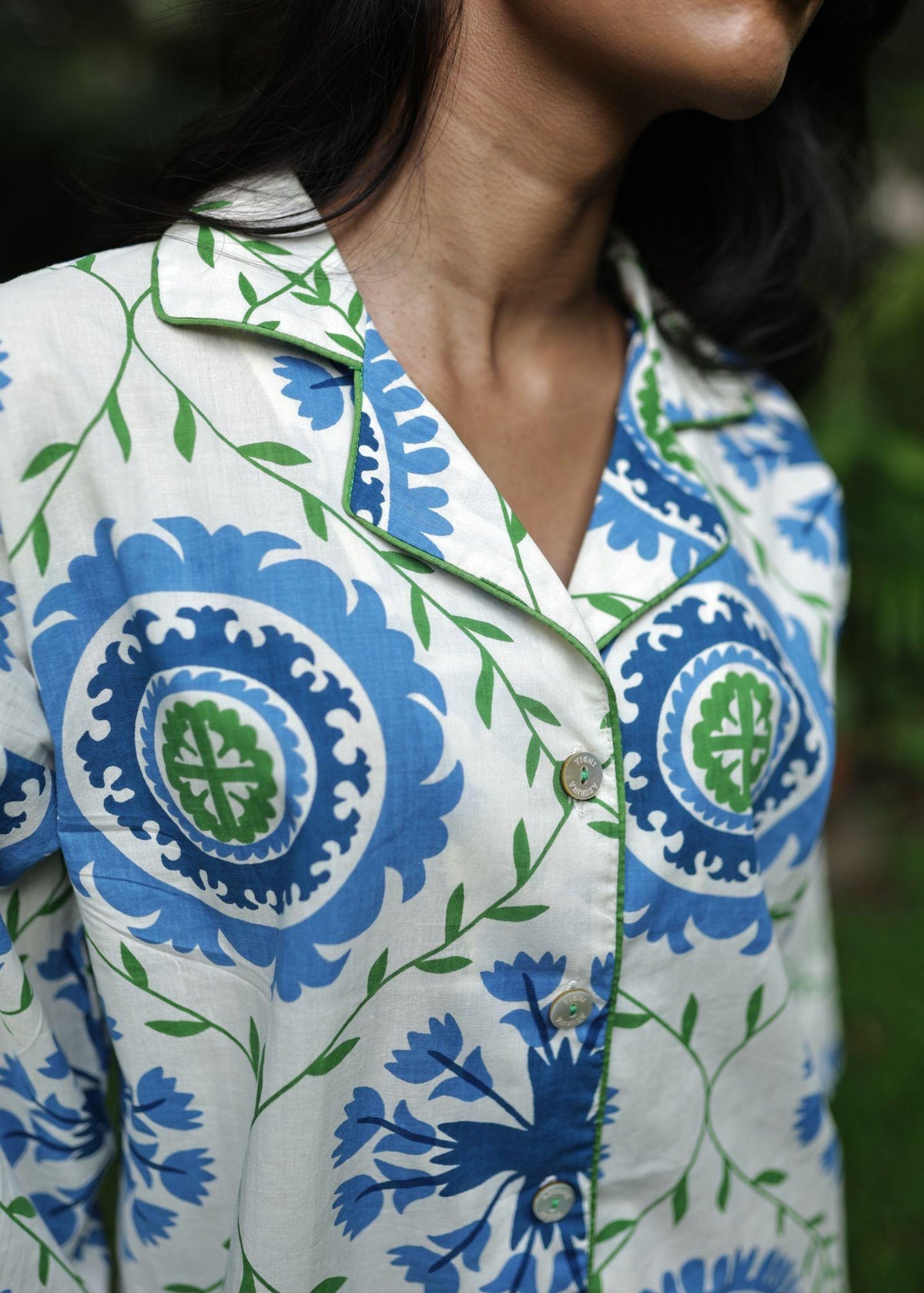 Women's premium cotton pajama set in Trellis Wheel print, luxury loungewear India