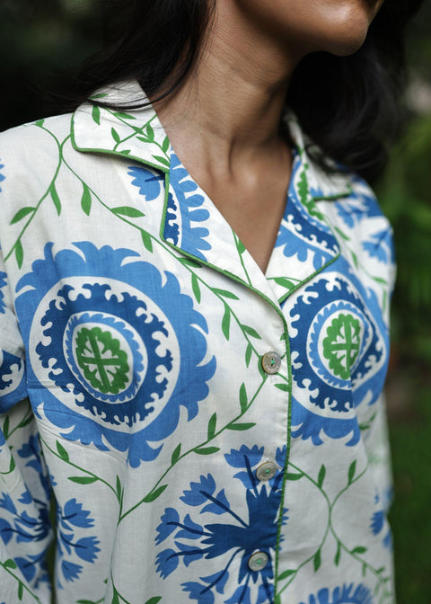 Women's premium cotton pajama set in Trellis Wheel print, luxury loungewear India