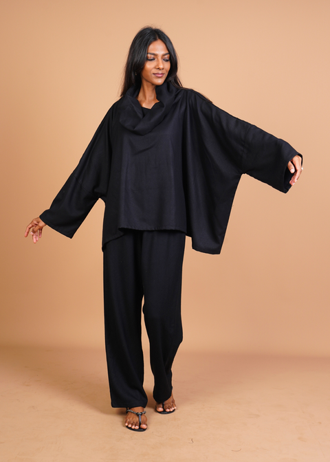 Funnel Neck Coord Set - Black Wool