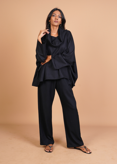 Funnel Neck Coord Set - Black Wool