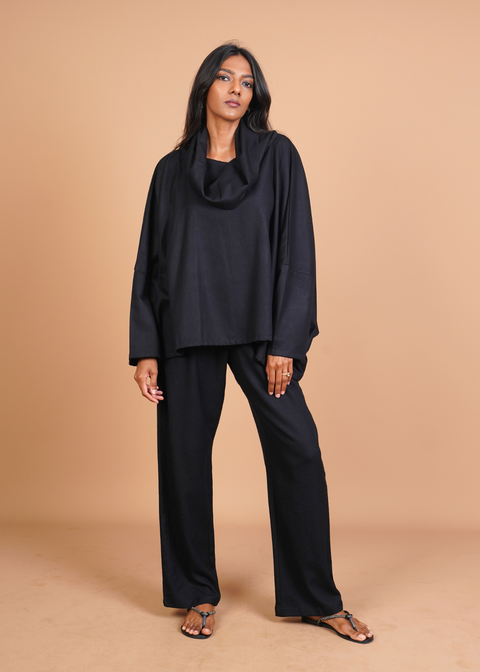 Funnel Neck Coord Set - Black Wool