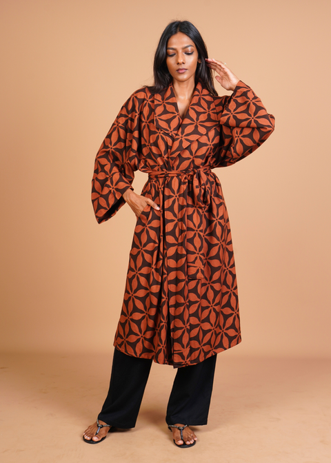 Belted Robe - Mocha Flowers