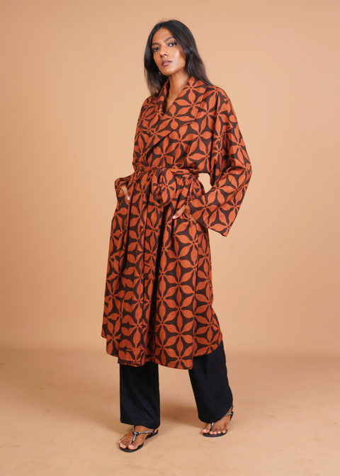 Belted Robe - Mocha Flowers