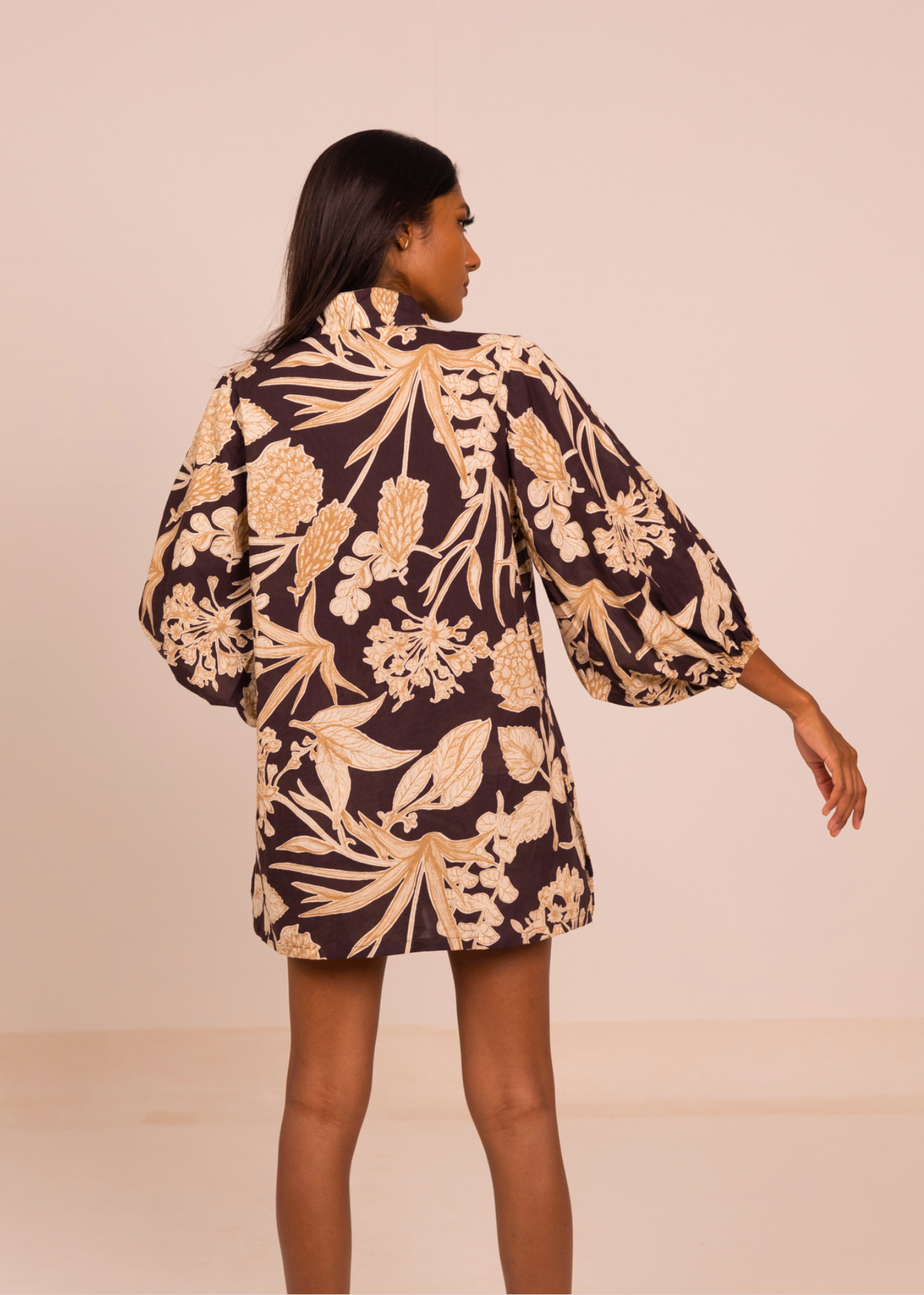 Balloon Slv Top - Brown Kodi Flowers