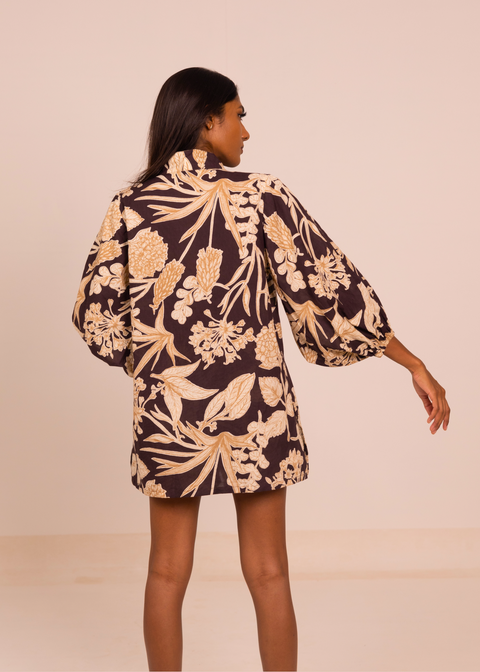 Balloon Slv Top - Brown Kodi Flowers