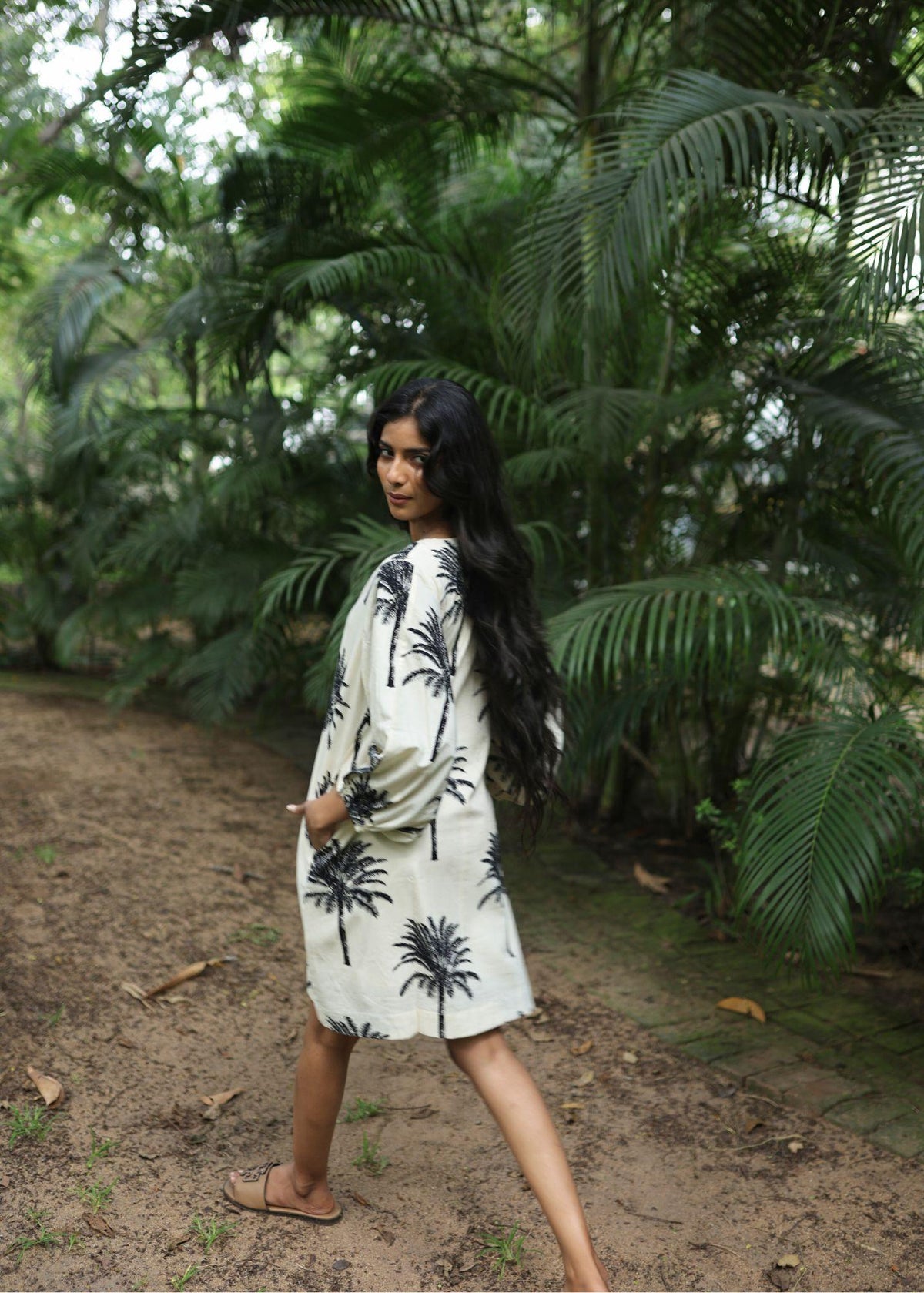 Balloon Sleeve Short Dress - White Palms