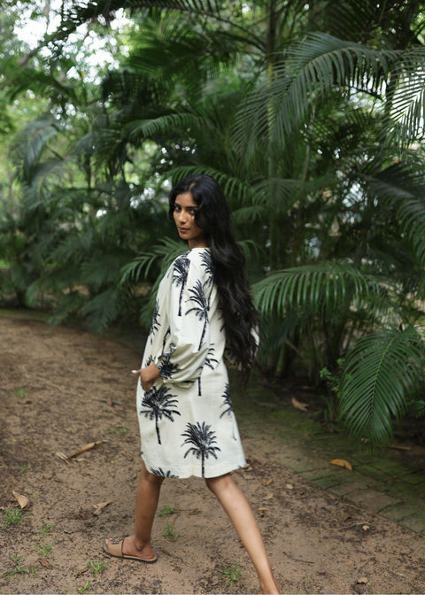Balloon Sleeve Short Dress - White Palms