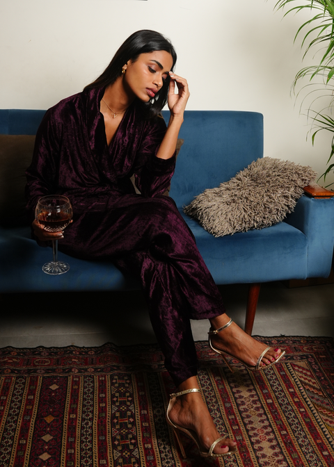 Lounge Short Robe Pant Set - Oxblood Velvet