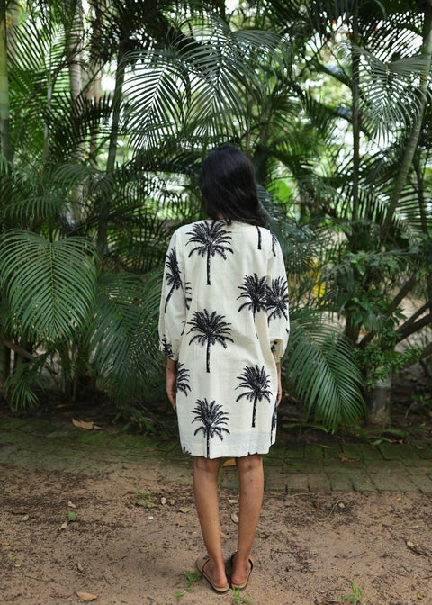 Balloon Sleeve Short Dress - White Palms