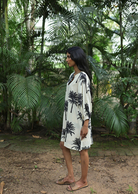 Balloon Sleeve Short Dress - White Palms