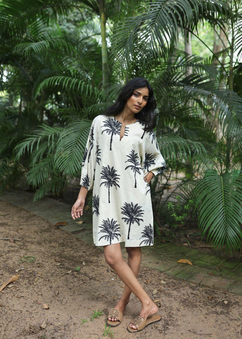 Balloon Sleeve Short Dress - White Palms
