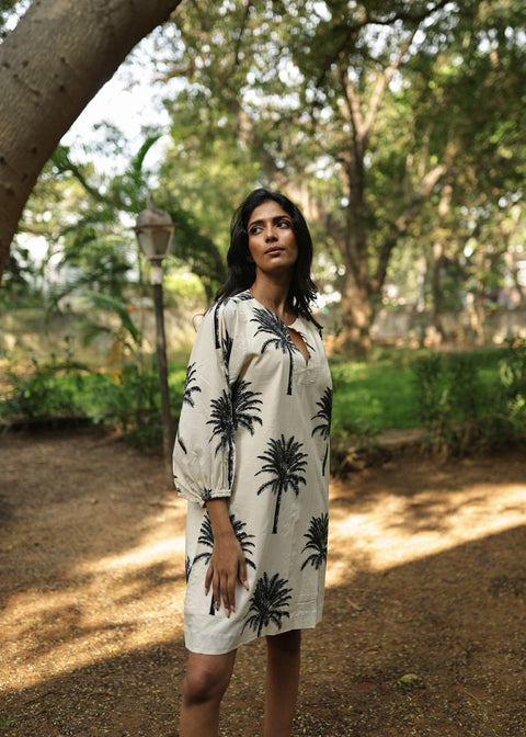 Balloon Sleeve Short Dress - White Palms