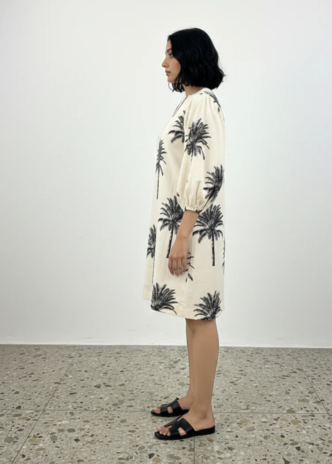 Balloon Sleeve Short Dress - White Palms