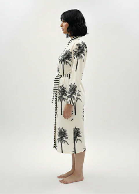 Belted Robe - White Palms