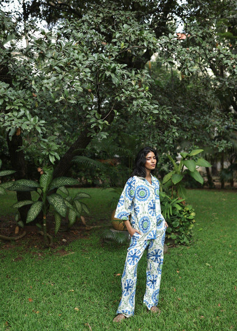 Women's premium cotton pajama set in Trellis Wheel print, luxury loungewear India