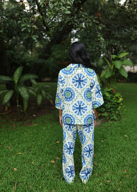 Women's premium cotton pajama set in Trellis Wheel print, luxury loungewear India