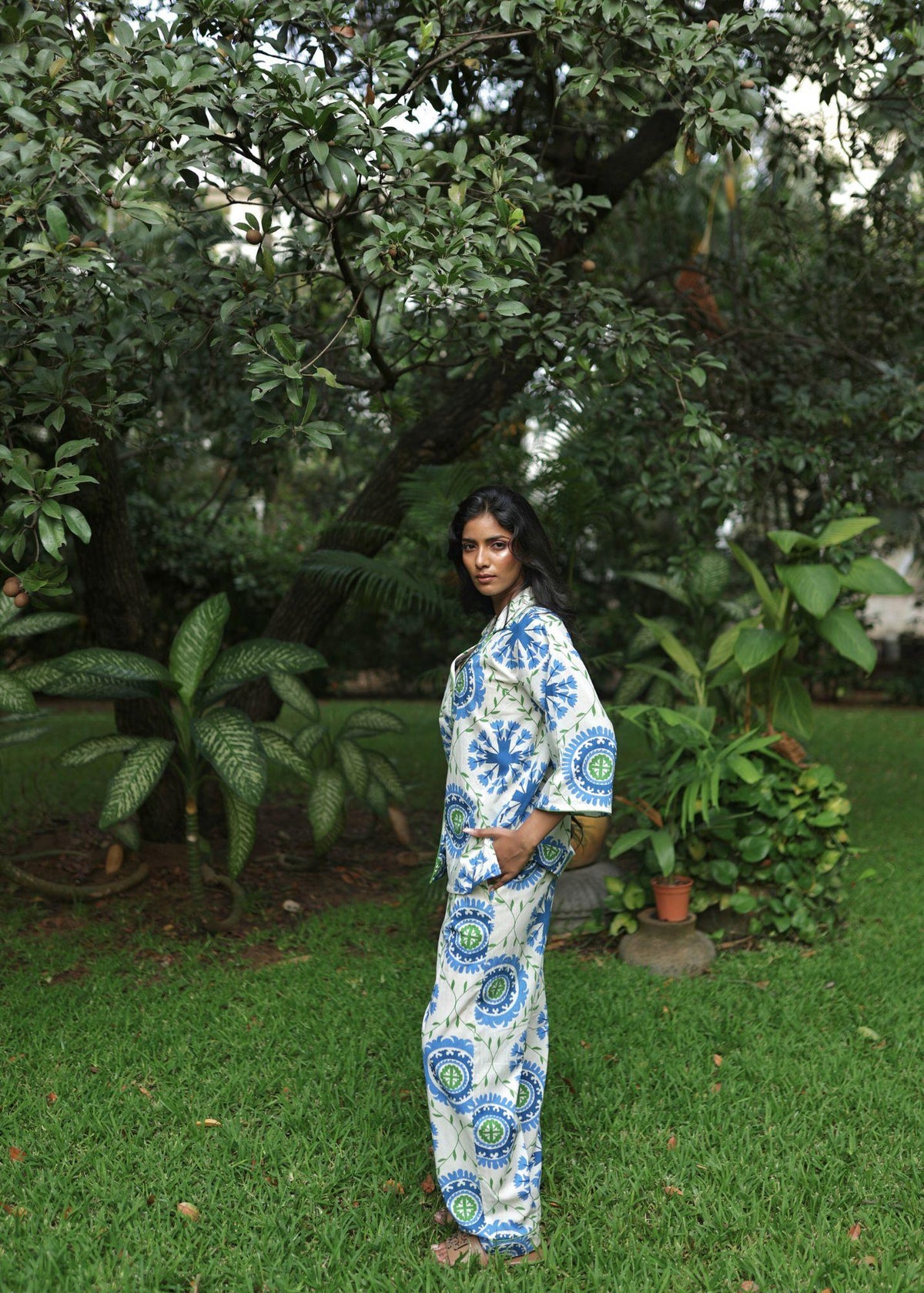 Women's premium cotton pajama set in Trellis Wheel print, luxury loungewear India