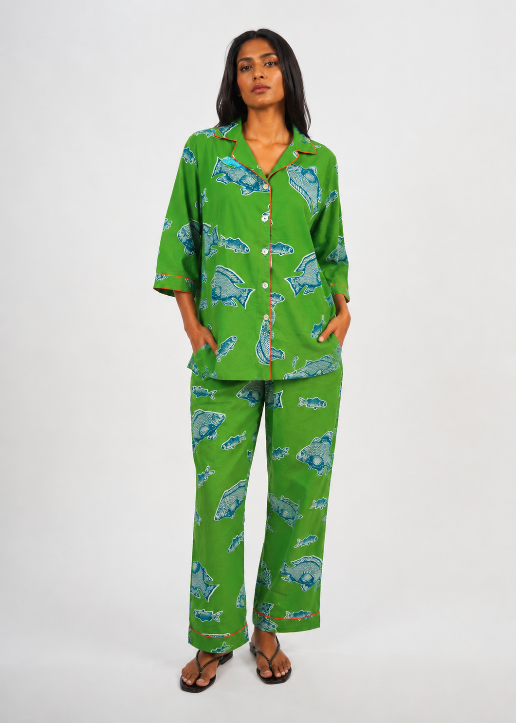 Hand-Printed Premium 100% Pure Cotton Pajama Set |Green Fish| Ultra ...