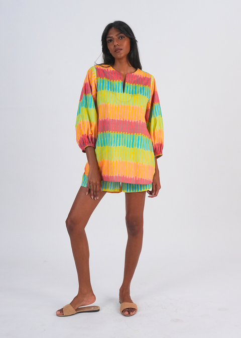 Balloon Sleeve Shorts Coord Set - Broken Stripes