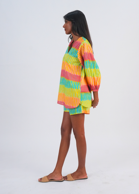 Balloon Sleeve Shorts Coord Set - Broken Stripes