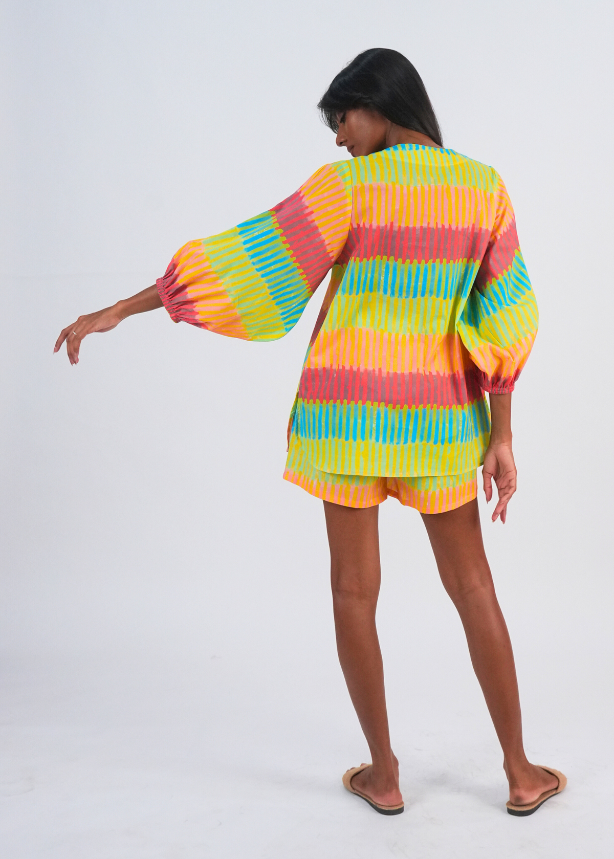 Balloon Sleeve Shorts Coord Set - Broken Stripes