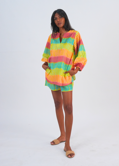 Balloon Sleeve Shorts Coord Set - Broken Stripes