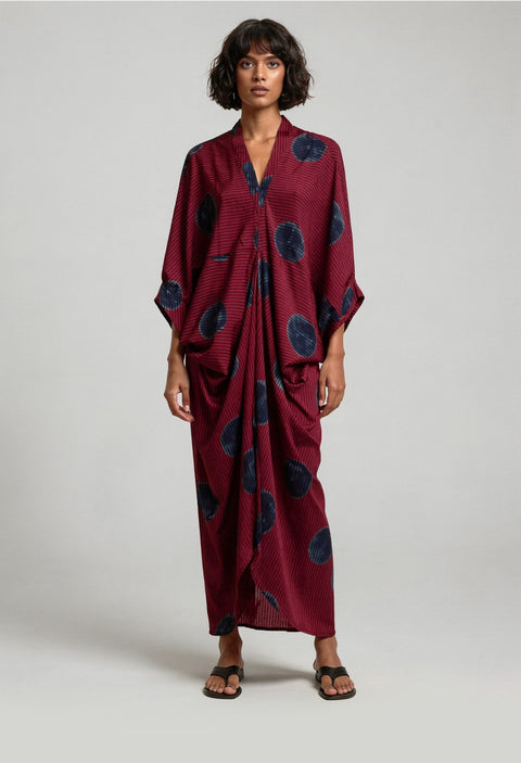 Chandrika Kaftan - Red Blue Striped Polka