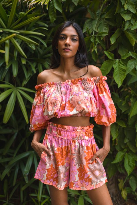 Off Shoulder Crop Top - Retro Floral