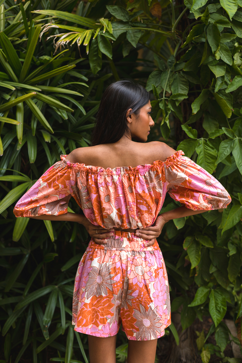 Off Shoulder Crop Top - Retro Floral
